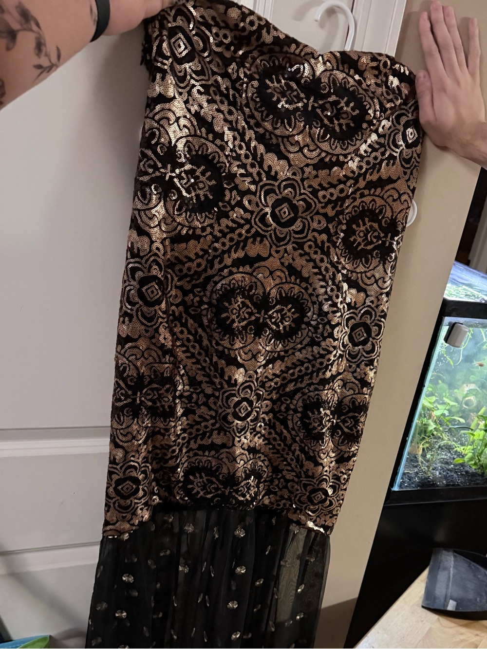 Strapless Black & Gold Sequined Dress